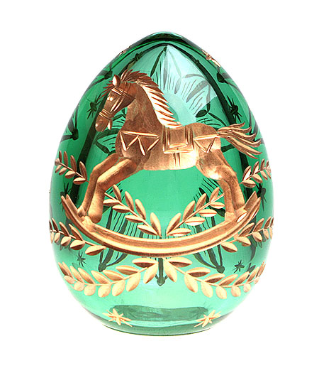 Яйцо "Конь" (Зеленое стекло, гранение, золочение) Ручная авторская работа 7 см, диаметр 5 см инфо 3597f.