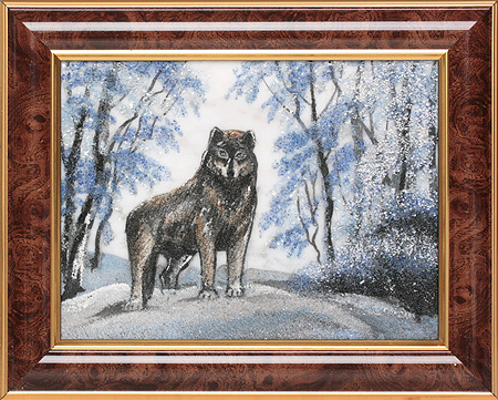 Картина из камня "Волк" Мрамор, лазурит, кионит, лидит, керченские слюды Ручная работа (в зависимости от наличия камня) инфо 13655f.